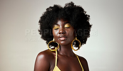 Black woman, face makeup and beauty eyes closed, thinking or fashion  inspiration. African model, afro hair care and stylish, unique gold  designer jewelry or cosmetics on gray mockup studio background | Buy