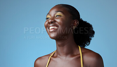 Buy stock photo Smile, yellow makeup and fashion black woman happy and relax with a studio background with cosmetics. African American girl, lady or young female shows empowerment, proud and black girl magic. 