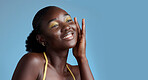 Beauty, thinking and black woman touching face for skincare cosmetic product with studio wall. Thoughtful, contemplating and pensive African girl feeling soft skin texture with blue mockup.