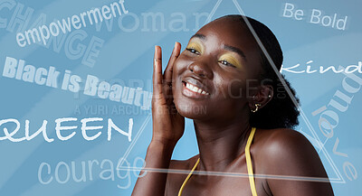 Buy stock photo Empowerment, girl power and beauty in happy black woman. Mock up for makeup, cosmetics and beauty products on strong, independent and modern girl. Natural beauty, skincare and perfect skin on model