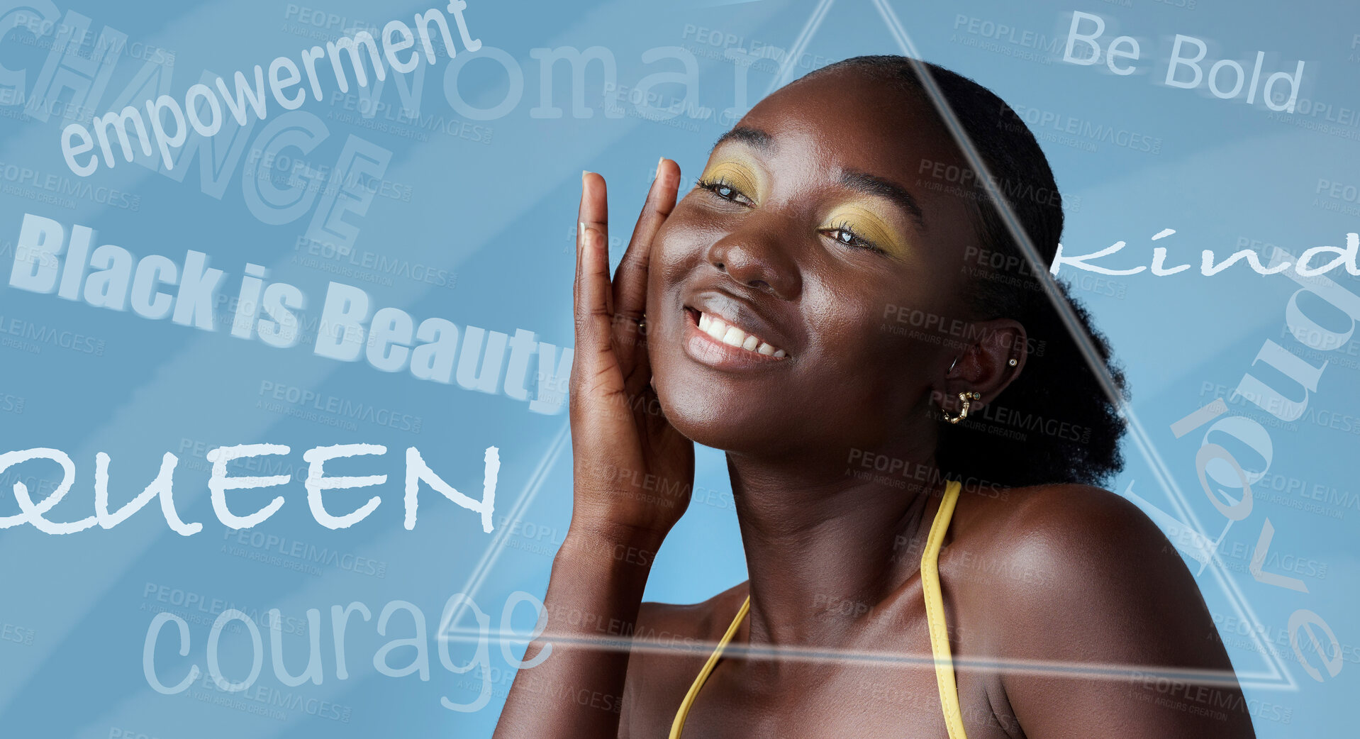 Buy stock photo Empowerment, girl power and beauty in happy black woman. Mock up for makeup, cosmetics and beauty products on strong, independent and modern girl. Natural beauty, skincare and perfect skin on model