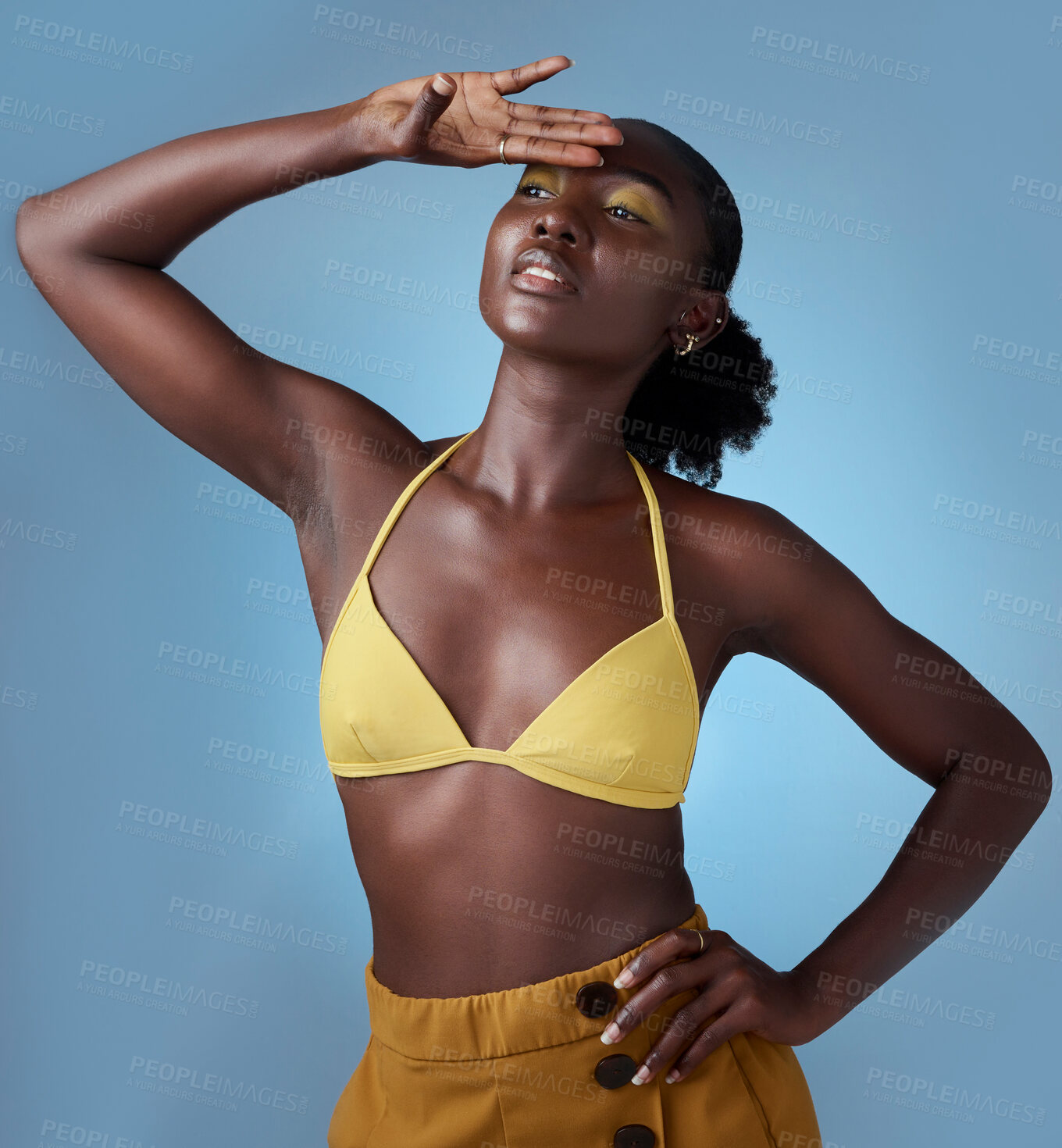 Buy stock photo Makeup, fashion and black woman for summer, cosmetics or clothes with blue studio background mock up. Young, gen z african or Kenya girl model with proud and empowerment beauty for advertising mockup