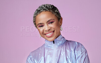 Buy stock photo Smile, black woman and fashion influencer with in portrait with makeup in a pink studio background with mockup. Happy, beauty and happy girl smiling with a cool, trendy and modern jacket in Paris