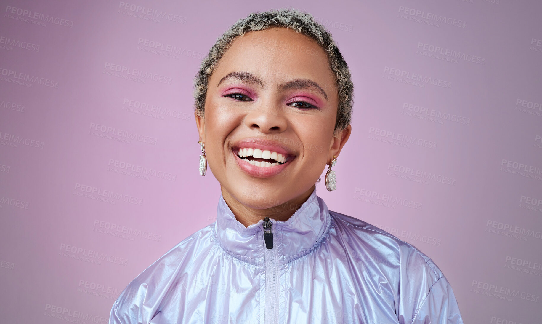 Buy stock photo Happy black woman, neon fashion and portrait of creative, cyberpunk and retro, bold and colorful makeup, clothes and cosmetics on studio background. Unique, vaporwave and smile gen z model influencer