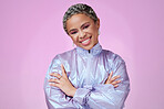 Neon fashion, black woman and portrait smile on pink studio mockup background. Unique makeup, funky and retro, vintage or cool bold style of young African model with colorful designer jacket costume.
