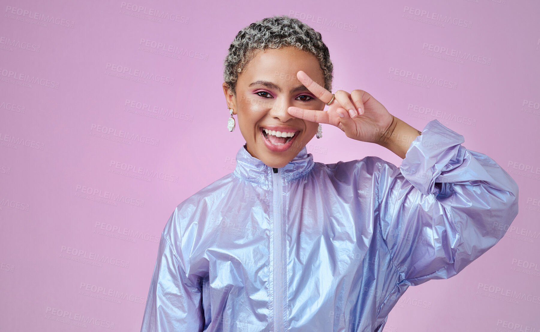 Buy stock photo Fashion, peace and woman in studio portrait with peace sign and fancy jacket and cool hairstyle with a big smile. Happy, excited and young girl in funky nice modern clothes alone with mockup space