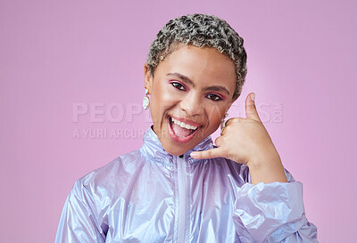 Buy stock photo Hand, phone call sign and black woman with fashion brand, cool and style clothes on pink studio background. Portrait, smile and happy beauty model with contact us networking gesture on mock up space