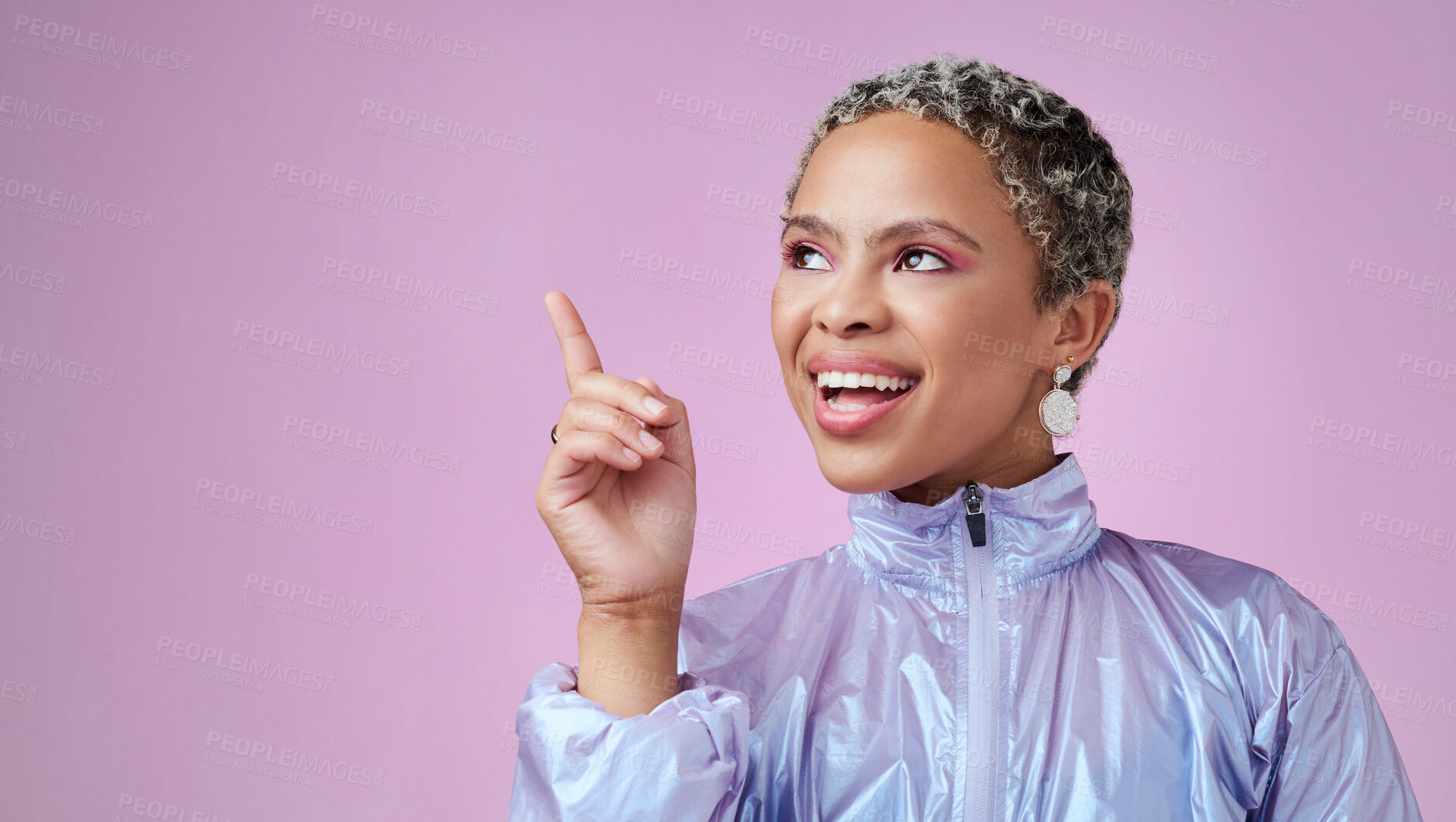 Buy stock photo Thinking, idea and happy black woman in studio with mockup space with a solution. Happiness, smile and young african model with a positive thought, insight or question with purple background.