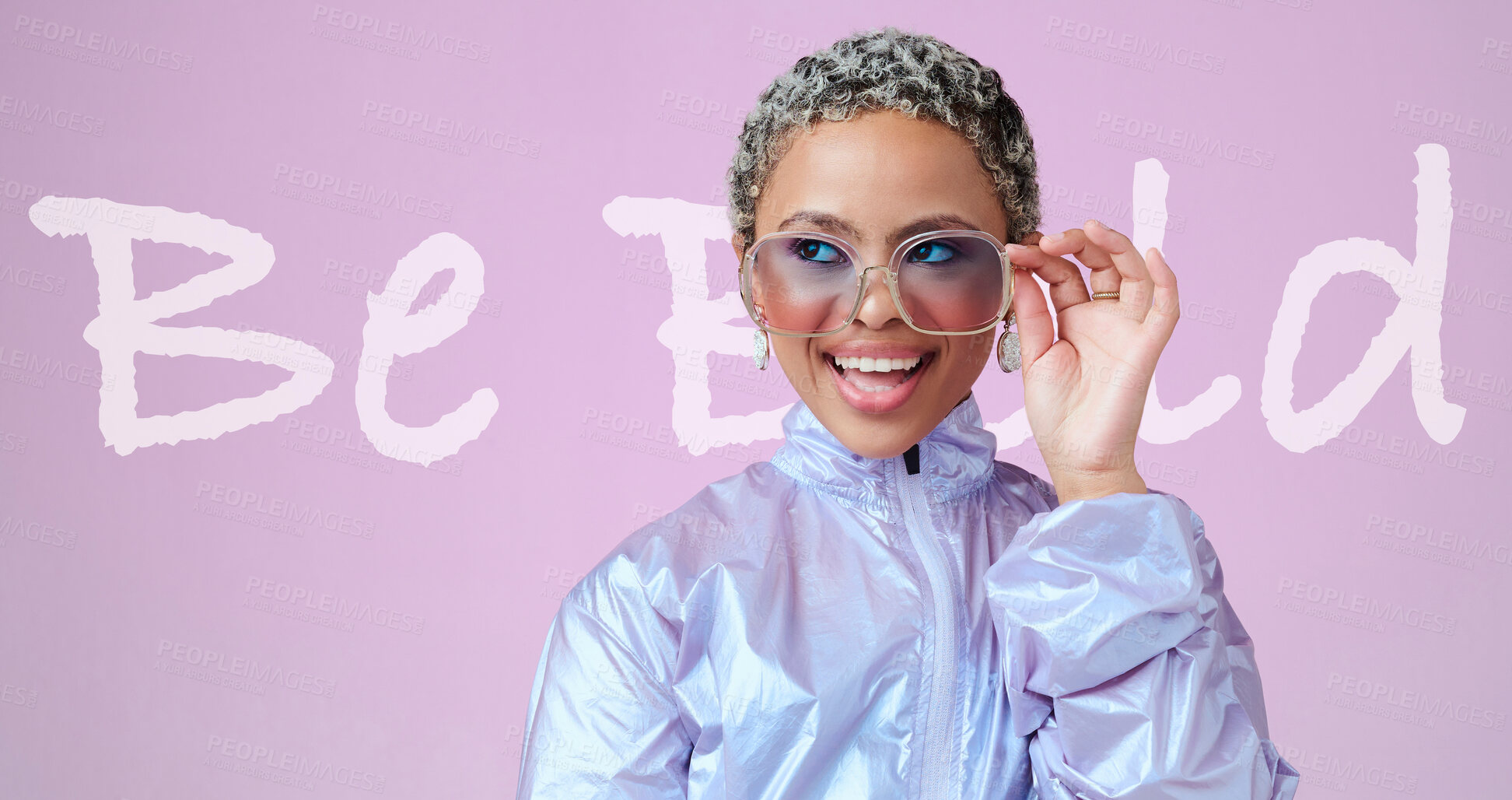 Buy stock photo Stylish, bold and holographic fashion female with sunglasses and futuristic vaporwave clothing, excited and happy against a pink mockup background. Black woman model looking cool in a metallic jacket