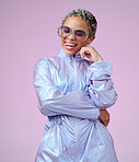 Future fashion, bright color and a black woman happy with tongue out and pink background. Creative crazy African influencer, futuristic style and girl in bright cyberpunk space energy party costume.