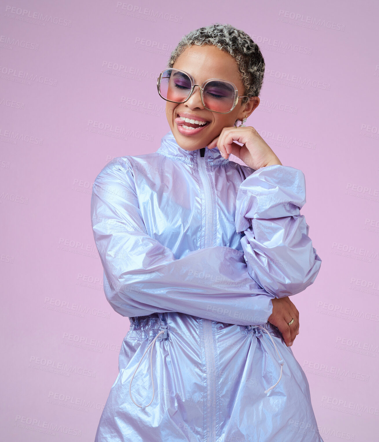 Buy stock photo Future fashion, bright color and a black woman happy with tongue out and pink background. Creative crazy African influencer, futuristic style and girl in bright cyberpunk space energy party costume.