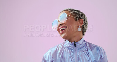 Buy stock photo Happy black woman, beauty and fashion sunglasses, retro and cool vintage look. Model, female and unique style, costume or designer jacket outfit and jewelry isolated on pink studio mockup background.