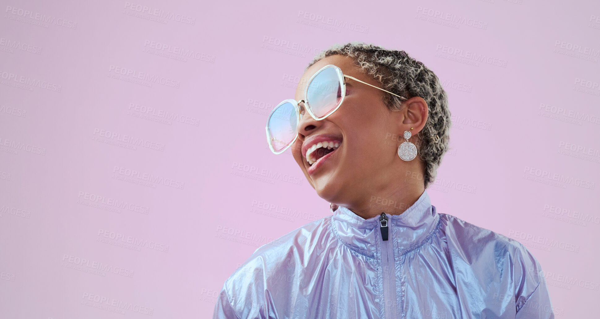 Buy stock photo Happy black woman, beauty and fashion sunglasses, retro and cool vintage look. Model, female and unique style, costume or designer jacket outfit and jewelry isolated on pink studio mockup background.