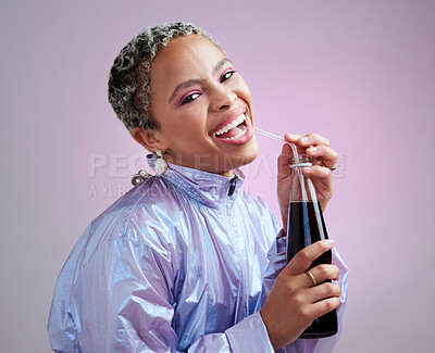 Buy stock photo Happy, smile and black woman with soda drink to refresh, relax and enjoy cool beverage with straw. Vintage, happiness and portrait of young retro girl with bottle of fresh liquid on purple background