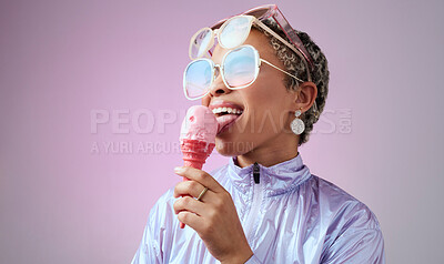 Buy stock photo Fashion, ice cream and black woman with sunglasses for futuristic vaporwave style with holographic clothing and dessert against purple mockup background. Happy female model looking cool and trendy