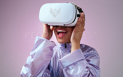 Buy stock photo VR, 3d gaming and woman with surprise for futuristic digital game against pink mockup studio background. Metaverse tech, future and virtual reality for girl gamer with wow face at creative innovation