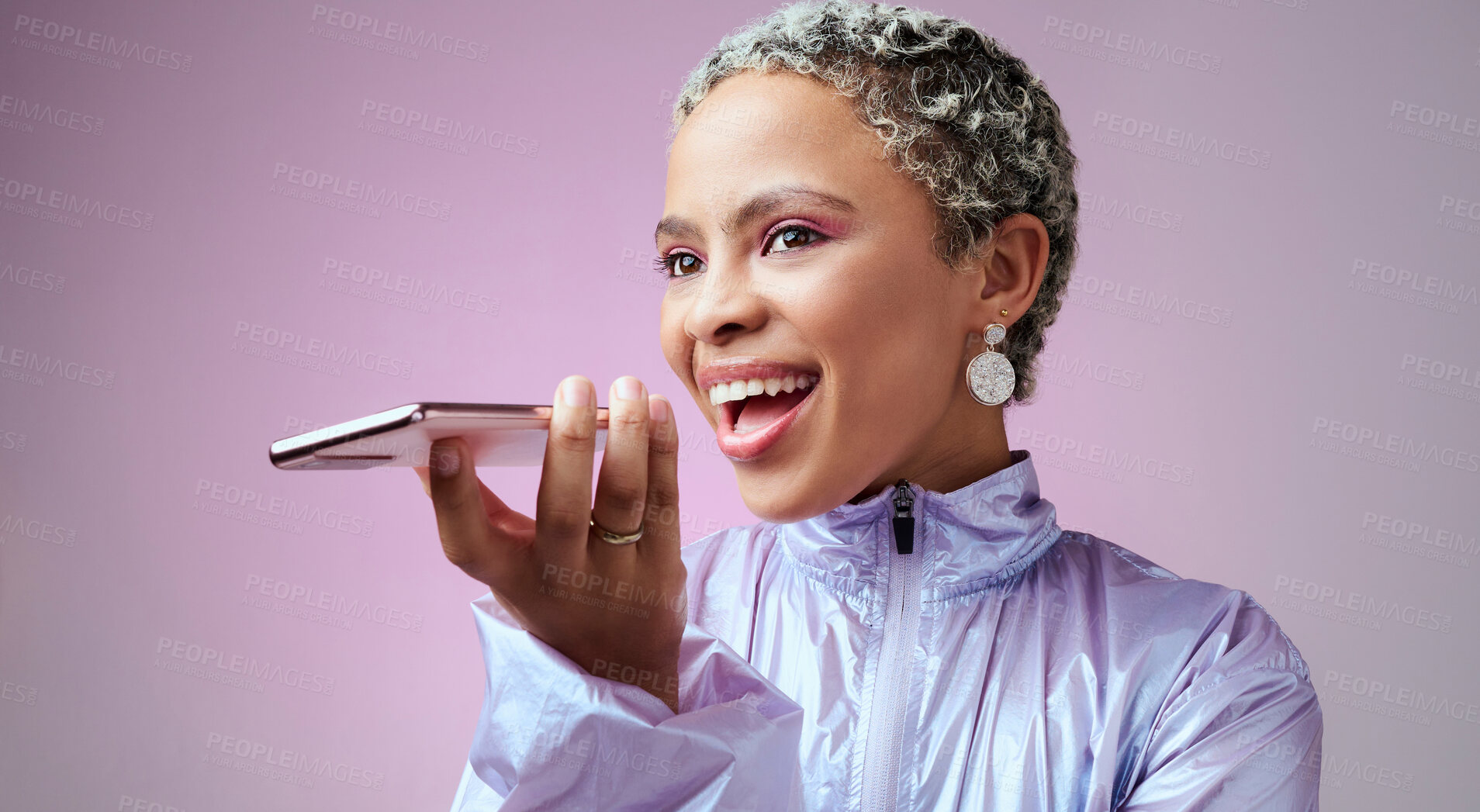 Buy stock photo Black woman, phone call or voice message on purple studio background in fashion, cool hairstyle or trend clothes. Happy smile, networking model or mobile technology for Nigerian clothing brand ideas