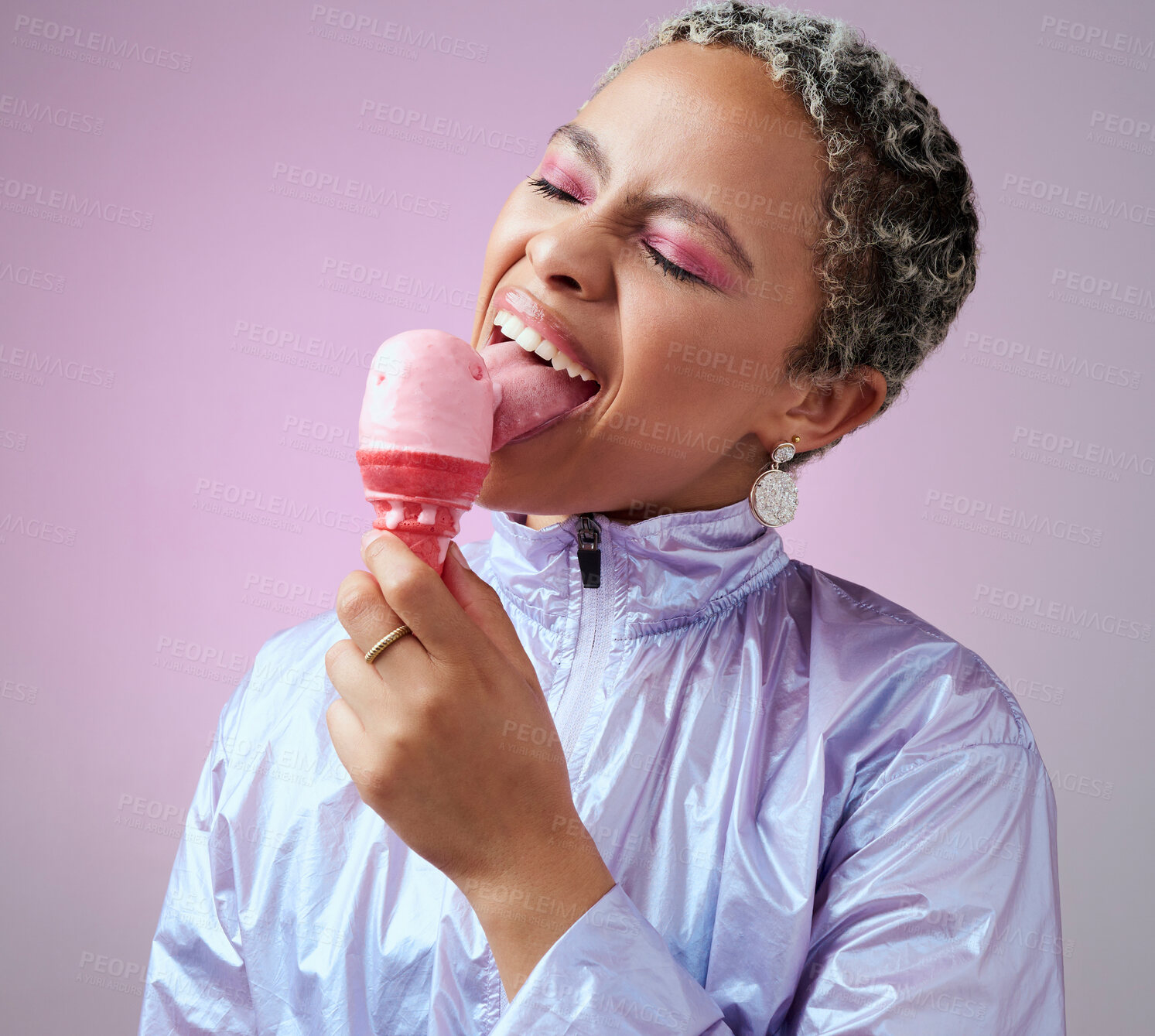 Buy stock photo Ice cream, summer dessert and woman with smile while eating against a pink mockup studio background. Crazy, funky and cool African girl model with sweet food and candy cone with mock up space