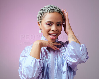 Buy stock photo Retro fashion, black woman and happy portrait, unique makeup and neon style on pink studio background. Funky, bold and colorful young gen z girl, influencer and model with techno cyberpunk attitude