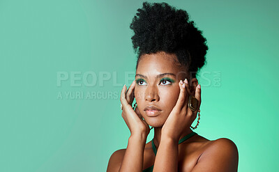 Buy stock photo Model, eyes and green makeup with hands on face with vision, thinking and beauty with fashion backdrop for mockup. Black woman, cosmetics and hair with glow on skin with studio background in New York