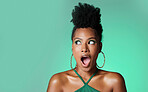 Surprise, black woman and wow secret portrait with green studio wall background and fashionable style. Trendy fashion and african american makeup girl with deal, discount and gossip smile mockup
