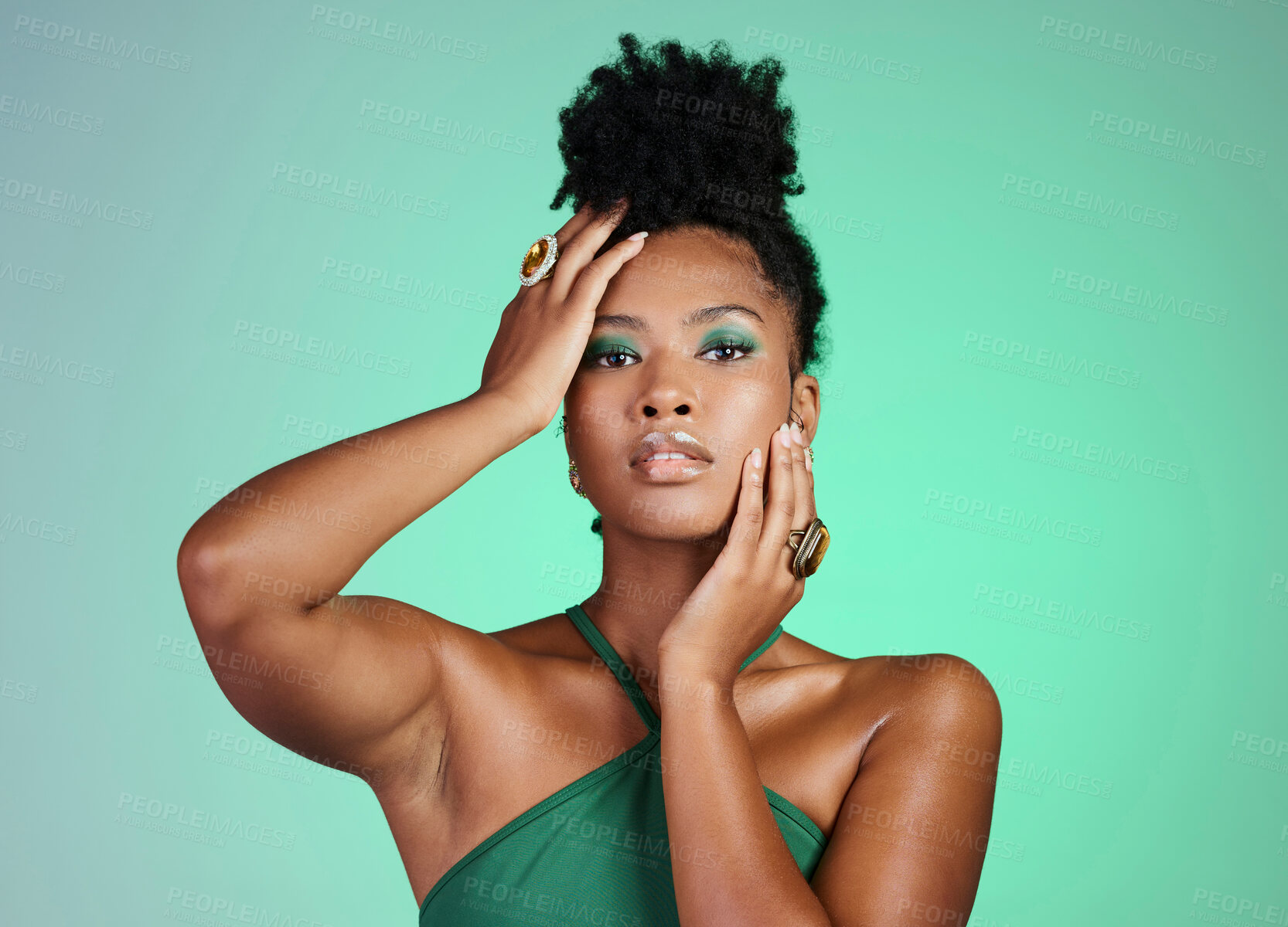 Buy stock photo Fashion model in studio, black woman on green background in Brazil and beauty makeup portrait on confident skin. Afro hair on modern african girl, elegant pose with ring jewelry and cosmetic lipstick
