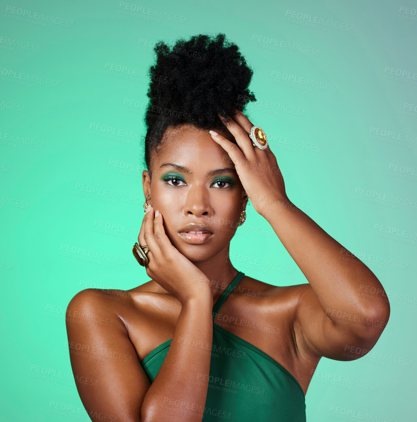 Buy stock photo Beauty, makeup and portrait of black woman with elegant fashion style, face cosmetics or green eyes shadow. Vintage, young and African girl or person with good skin isolated on green background