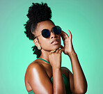 Fashion, beauty and retro black woman with sunglasses for vintage style, trend or eye protection. Face accessory, gen z and cool African girl or person with funky hairstyle, hipster shades and trendy