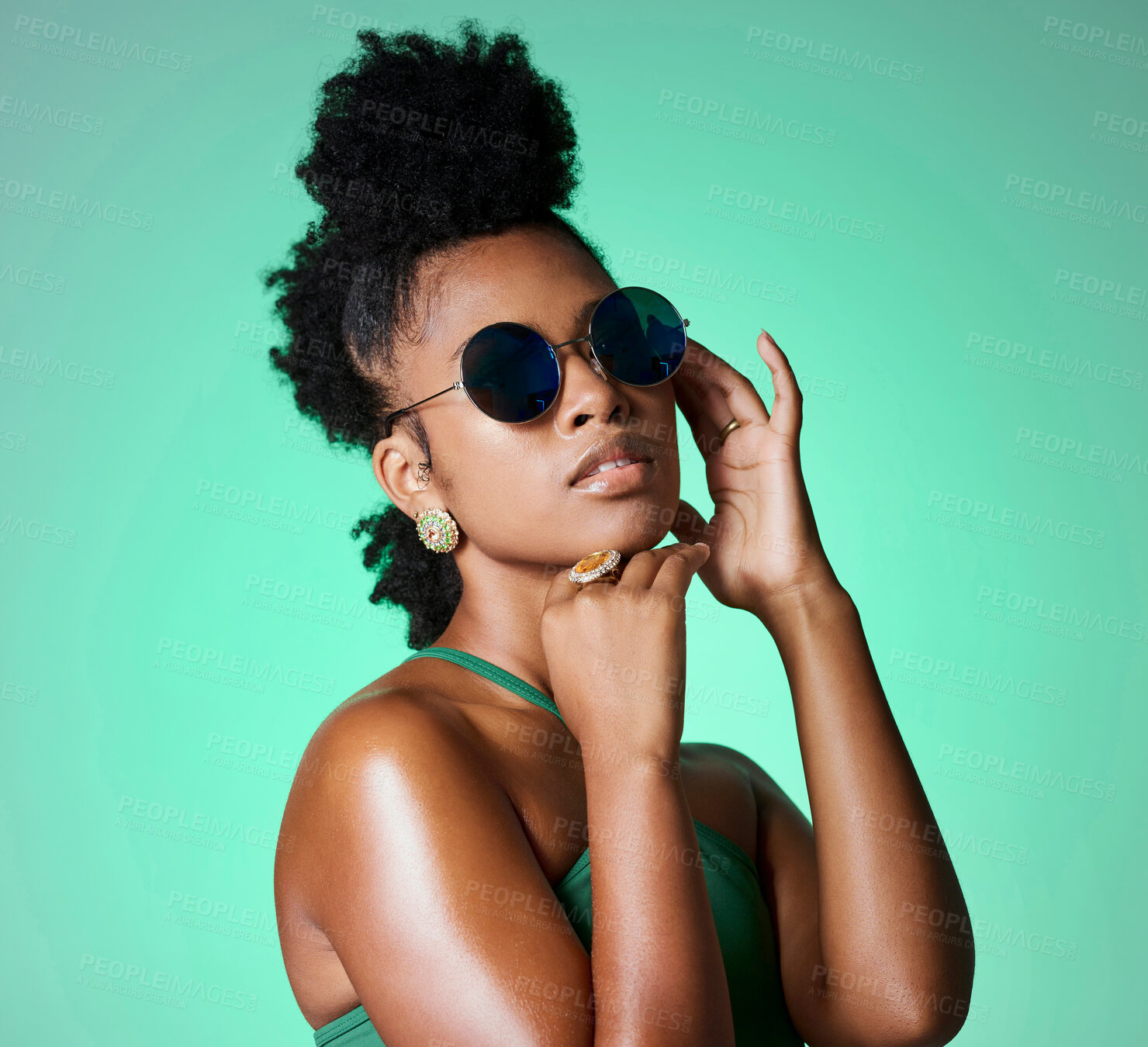 Buy stock photo Fashion, beauty and retro black woman with sunglasses for vintage style, trend or eye protection. Face accessory, gen z and cool African girl or person with funky hairstyle, hipster shades and trendy