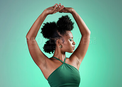 Buy stock photo Black woman, fashion and dance model pose of a person from Jamaica confident. Beauty and female empowerment of a salsa dancing and posing dancer with confidence in a studio with a green background