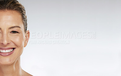 Buy stock photo Portrait of mature woman in skincare, beauty and skin products with a smile on face. Mockup for natural beauty, cosmetics and healthy skin on lady. Copy space for wellness, spa treatment and products