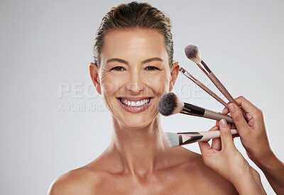 Buy stock photo Beauty, makeup and cosmetic brush by a senior woman face with a happy smile in a studio. Portrait of a elderly person face from Paris with happiness, cosmetics brushes and healthy skin smiling 