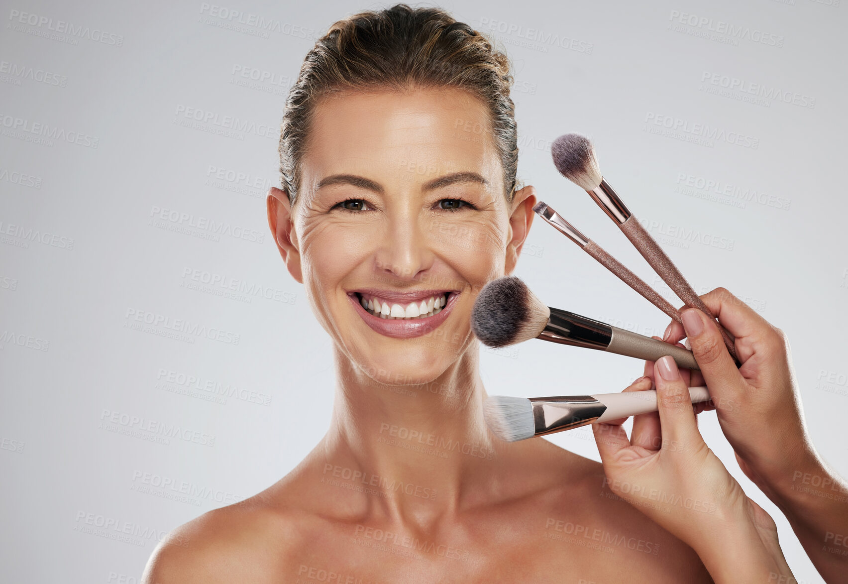 Buy stock photo Beauty, makeup and cosmetic brush by a senior woman face with a happy smile in a studio. Portrait of a elderly person face from Paris with happiness, cosmetics brushes and healthy skin smiling 