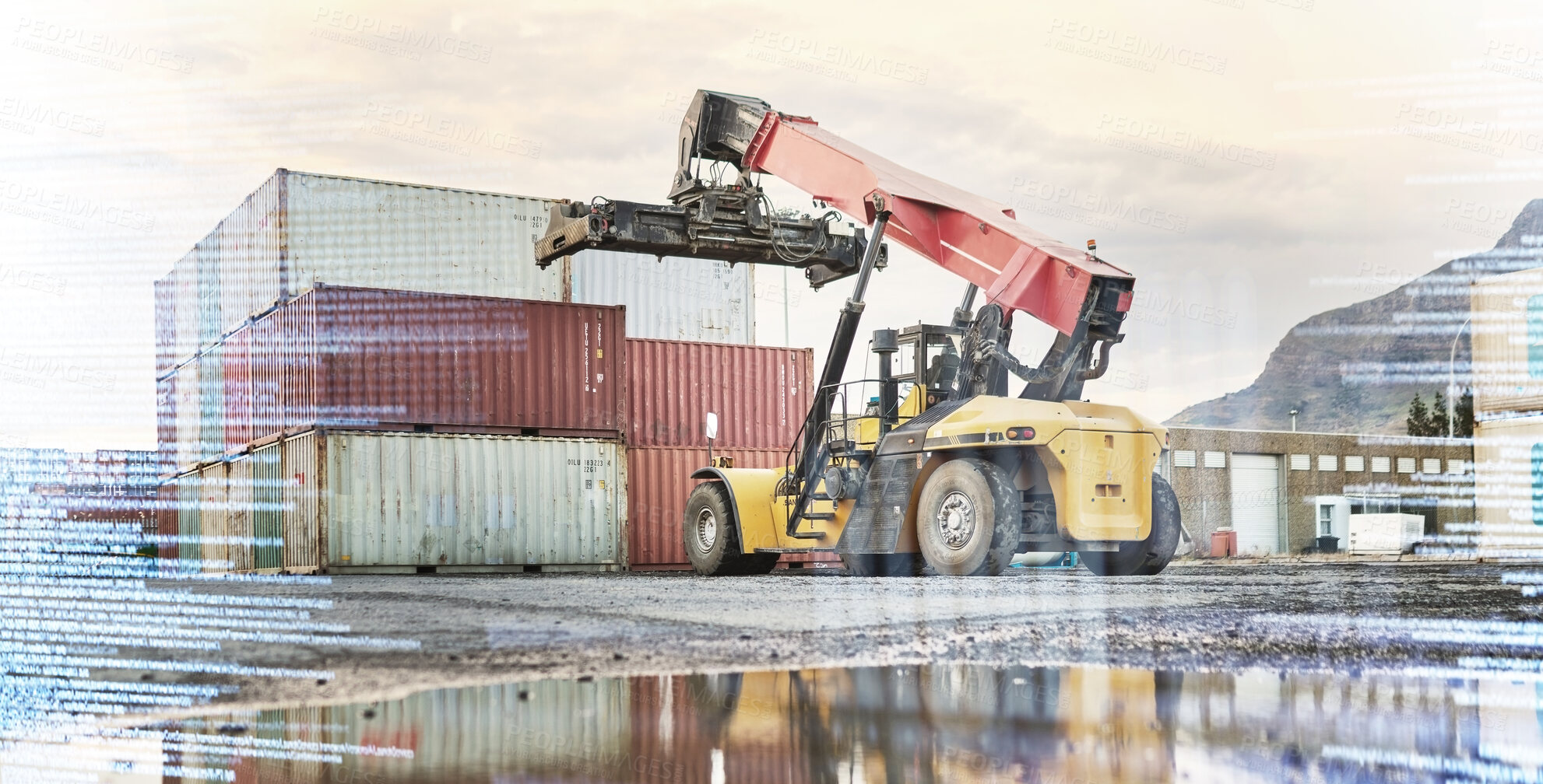 Buy stock photo Overlay, delivery and forklift truck by a container at a manufacturing supply chain for export trade outdoors. Logistics and ecommerce cargo ready for lifting, transportation and global distribution