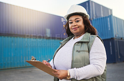 Buy stock photo Logistics, supply chain and shipping with a delivery woman working on a dock with documents on a clipboard and a container yard in the background. Stock, cargo and freight with a female export worker
