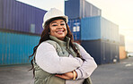 Black woman, smile and work in logistics with container stack at shipyard. Woman, happy and confident has motivation working in shipping, cargo and supply chain industry at port in Cape Town