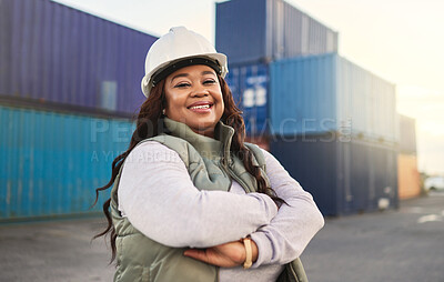 Buy stock photo Black woman, smile and work in logistics with container stack at shipyard. Woman, happy and confident has motivation working in shipping, cargo and supply chain industry at port in Cape Town