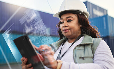 Buy stock photo Supply chain, tablet and futuristic with a black woman logistics worker busy on a ux dashboard for online order. Digital, shipping and delivery with a courier at work on a container yard with overlay