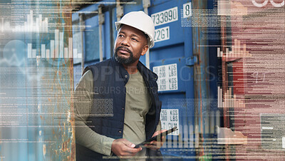 Buy stock photo Logistics, communication and black man with digital tablet while working with overlay or double exposure at shipping container. Employee thinking, idea and planning schedule for cargo delivery  