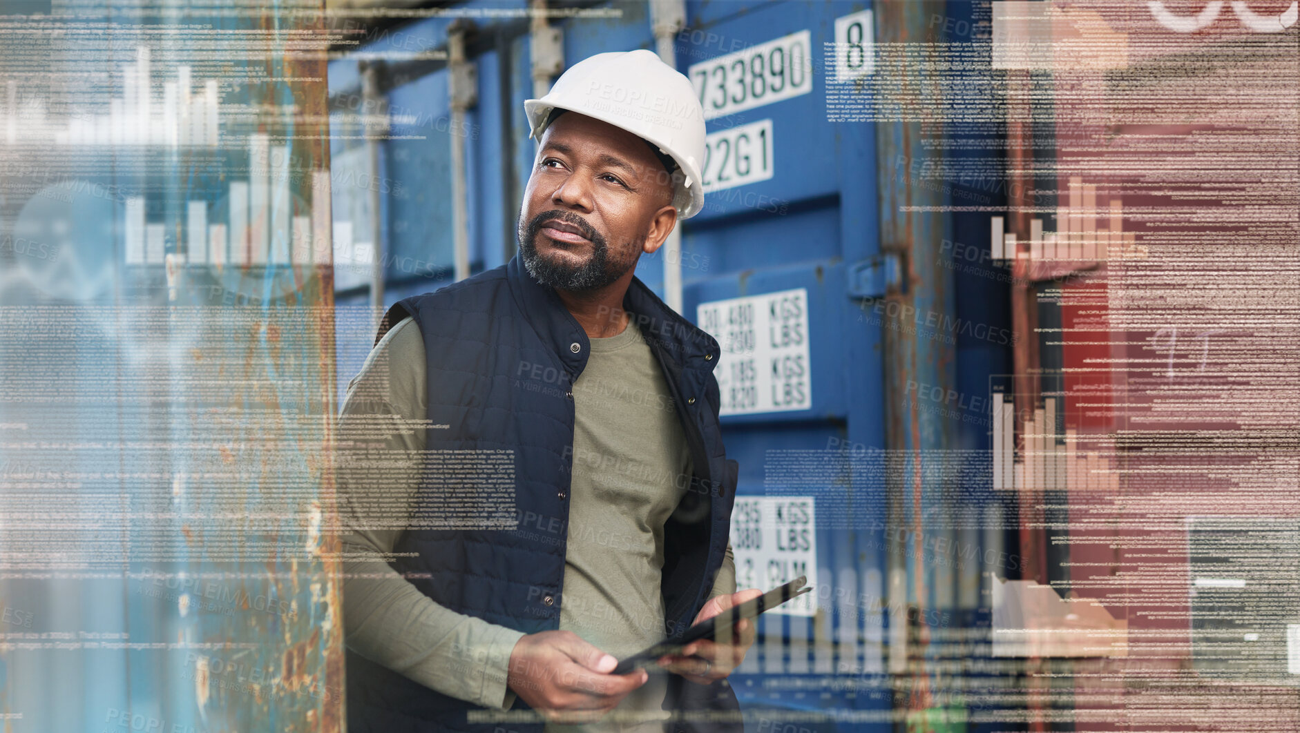 Buy stock photo Logistics, communication and black man with digital tablet while working with overlay or double exposure at shipping container. Employee thinking, idea and planning schedule for cargo delivery  