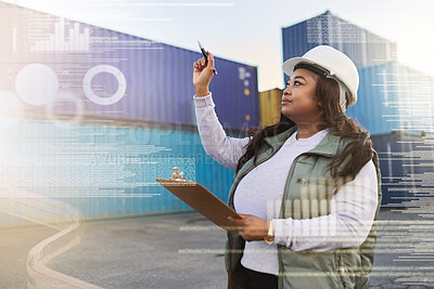 Buy stock photo Supply chain, shipping and delivery with a logistics woman working with a ux interface on a container yard with overlay. Stock, cargo and futuristic with a female worker outdoor for export