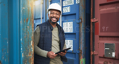 Buy stock photo Supply chain, logistics and tablet with a black man delivery worker walking in a container yard for export. Ecommerce, shipping and internet with a male cargo employee working with freight or stock