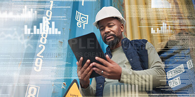 Buy stock photo Tablet, overlay and black man in delivery logistics by containers working on the stock, cargo or inventory checklist.  Industrial worker counting export numbers of freight for supply chain warehouse