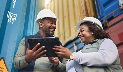 Buy stock photo Logistics, supply chain and tablet with a man and woman shipping worker working on a dock for export. Internet, technology and cargo with a team at work in a container yard for distribution industry