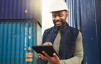 Buy stock photo African american shipyard worker, shipping logistics and transportation of international commercial goods. Tablet for inventory management, import and export of cargo in the distribution supply chain