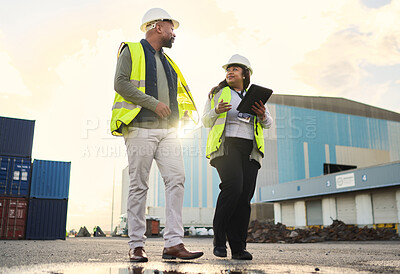 Buy stock photo Logistics, black woman and delivery manager at a warehouse for cargo shipping, inventory and distribution. Collaboration, teamwork and industry worker in a conversation on stock inspection report 