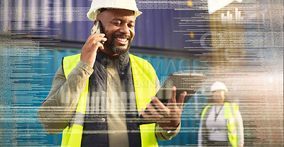 Buy stock photo Logistics, phone and tablet with a black man supply chain worker on a call in shipping or online order industry. Futuristic, digital and cargo with a courier at work in a container yard with overlay