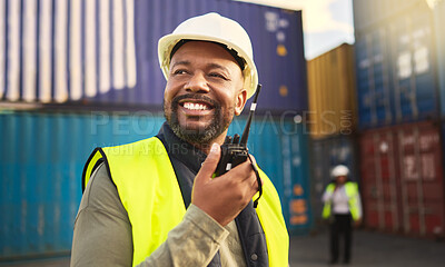 Buy stock photo Man in logistics talking on radio, communication in shipping and transportation industry with a smile. Organization of commercial cargo, e-commerce containers and supply chain management of shipyard 