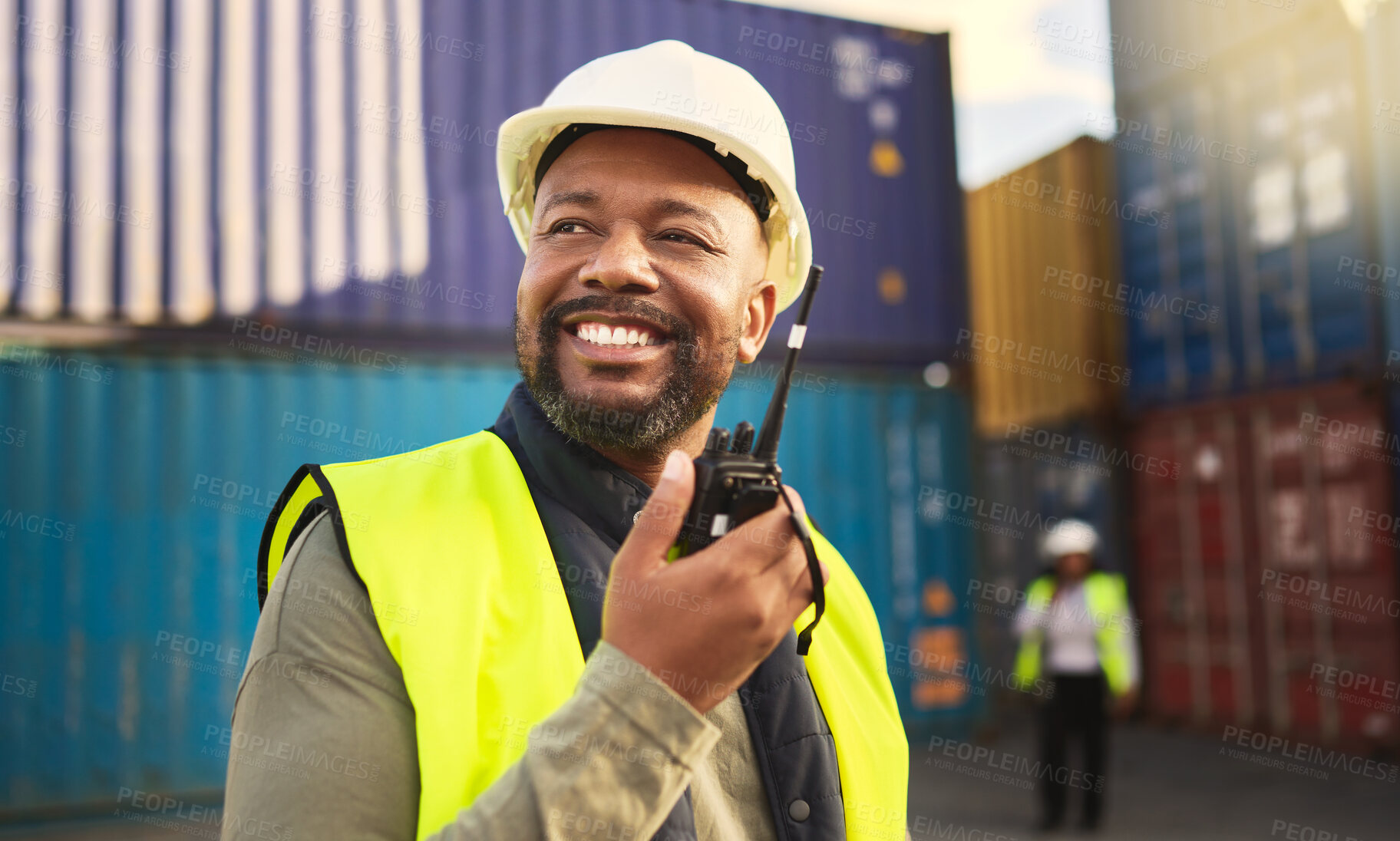 Buy stock photo Man in logistics talking on radio, communication in shipping and transportation industry with a smile. Organization of commercial cargo, e-commerce containers and supply chain management of shipyard 