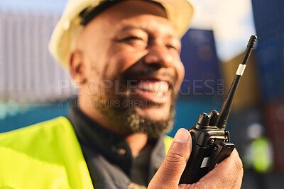 Buy stock photo Delivery, shipping and construction worker talking on radio in shipyard. Black man with walkie talkie for communication in logistics, distribution and import and export business with cargo container